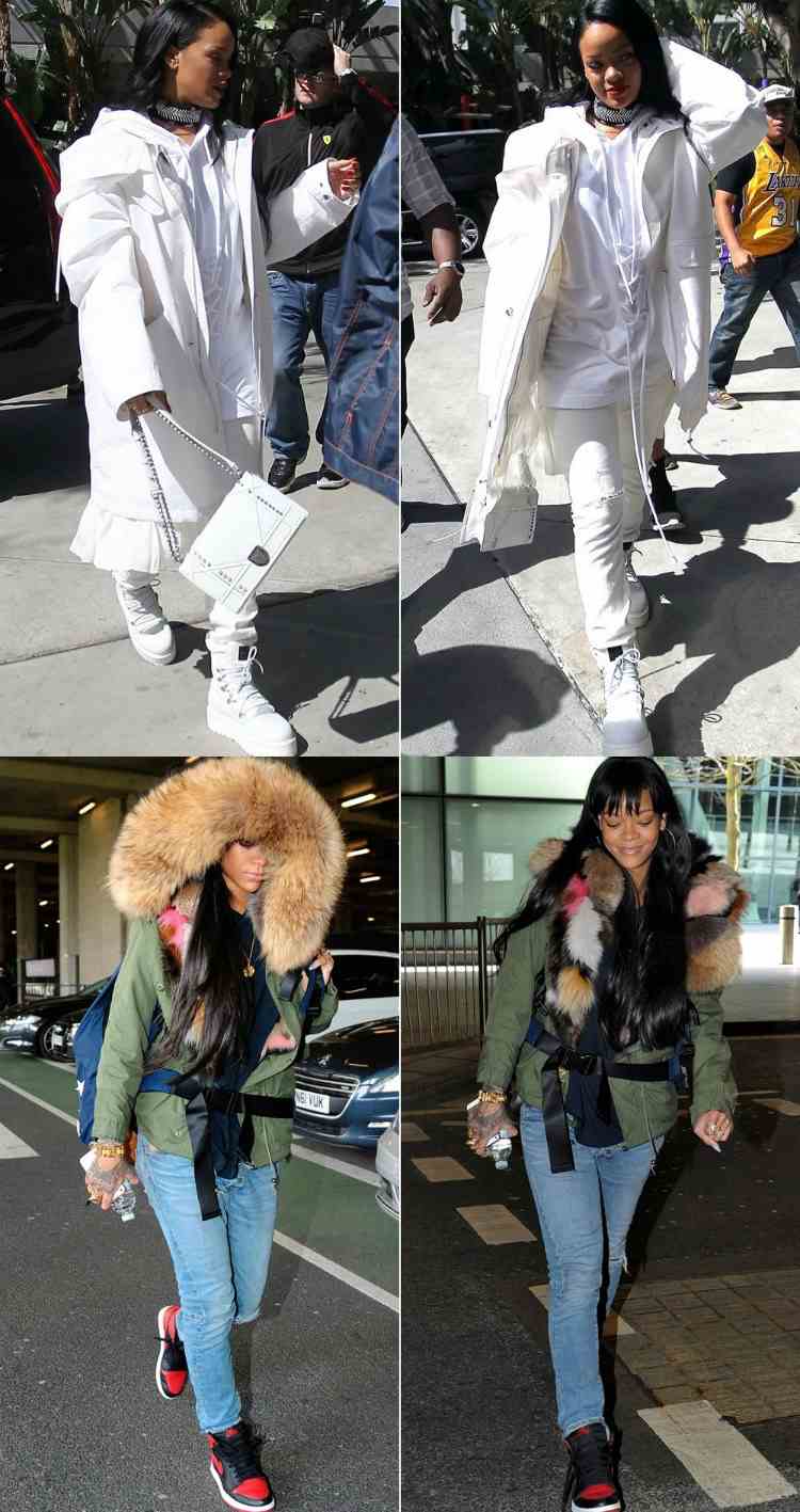 Dámska bunda je obľúbenou nadrozmernou bundou Rihanny Dámska parka -zimná-móda-kombinovať-rihanna-biela-kožušina-zelená