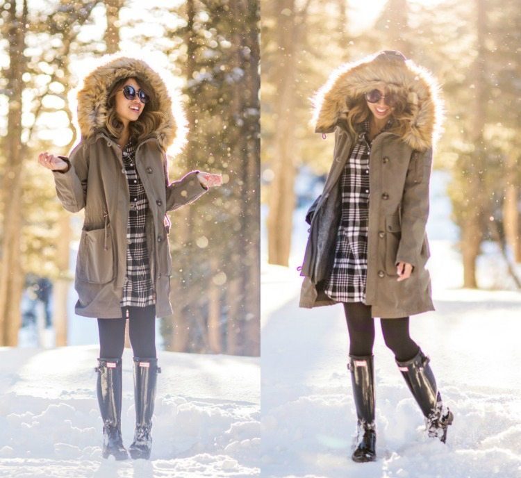 S dámskou parkou a gumákmi v zime dámy-parka-zimná-móda-kombinovať-snehu-gumáky