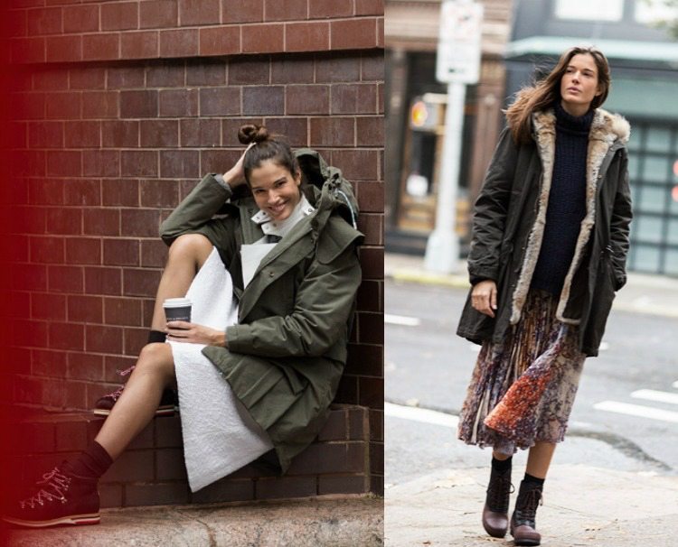 City chic so dámskou parkou a šatami alebo sukňou dámska-parka-zimná-móda-kombinovať-mesto-šik-sukňa-sukňa