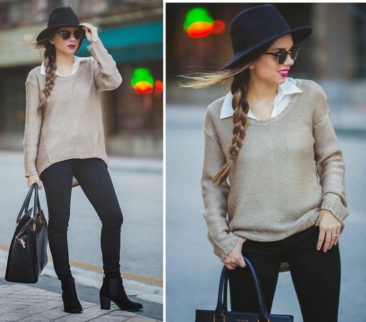 biela košeľa pod dlhým svetrom v béžovej farbe Dámsky sveter - jesenný outfit - dlhá košeľa - klobúk fedora - bočný pletenec