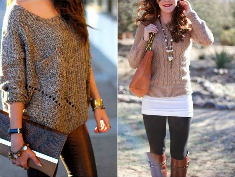 Hnedý sveter s čiernymi legínami Dámsky sveter jesenný outfit-hnedé legíny-kombinácie