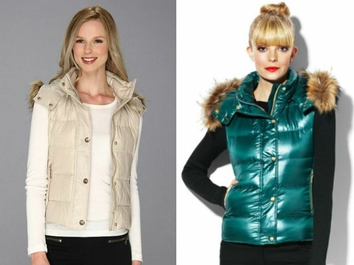 s kapucňou a lemom z umelej kožušiny športovo prešívané vesty s kapucňou metalického vzhľadu