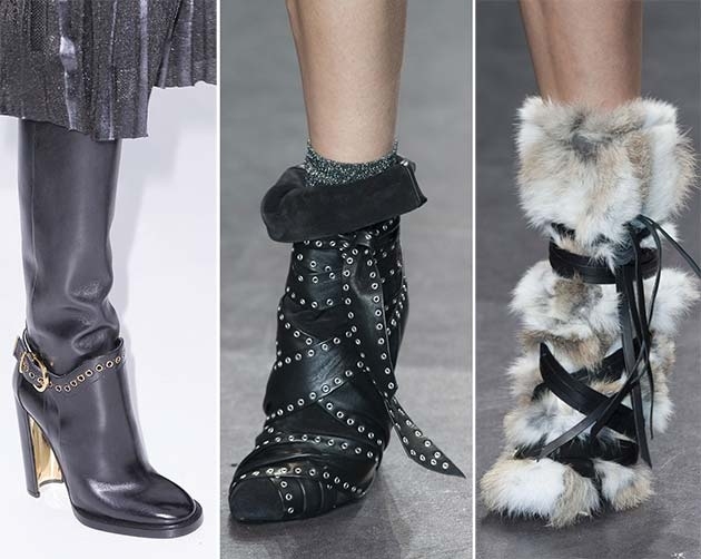 Trendy dámskej obuvi na zimu 2014-2015 nadkolienky a čižmy z kože a kožušiny na traky jeseň-zima-2014-2015-topánky-tendencie-overknees-koža-a-kožušina-s popruhmi