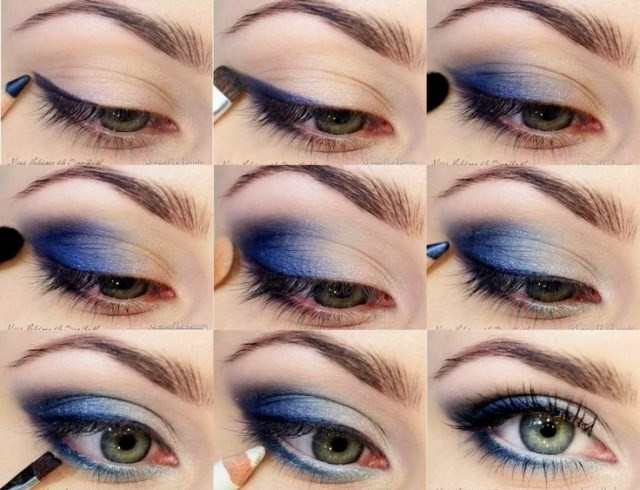 Make up blue eyes - Ďalší variant s modrými očnými tieňmi dymové dymové tmavomodré nápady tvoria bielu farbu