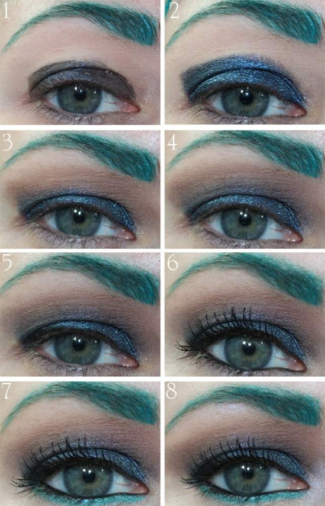 Oči sú zvýraznené zeleným obočím zelené obočie modré dlhé mihalnice kefka