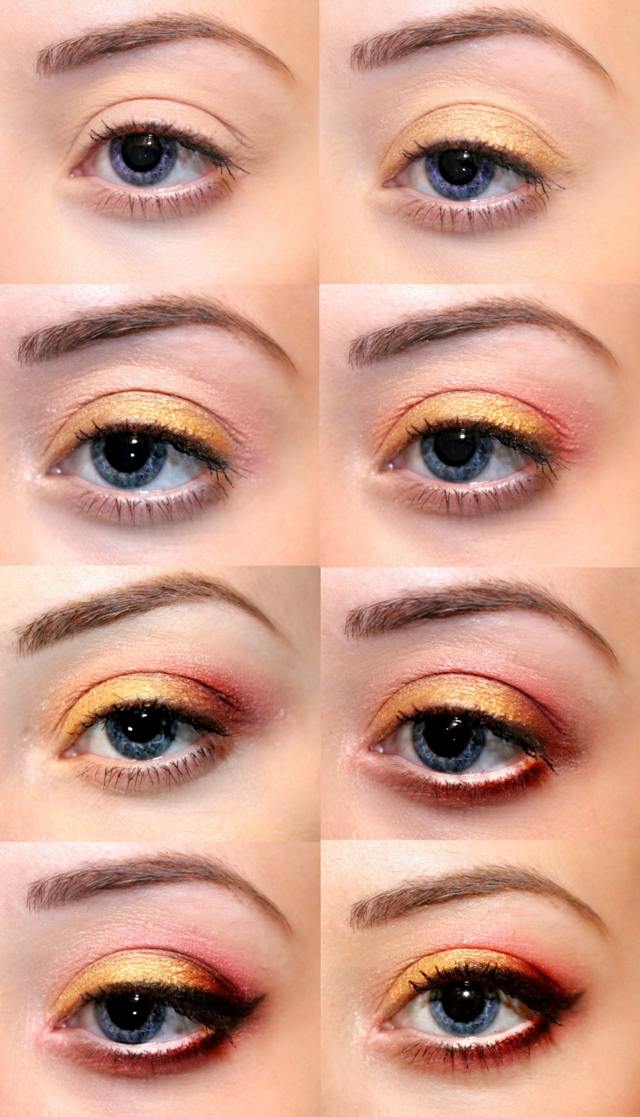 Make -up pre oči - efektívna kombinácia zlata a červenej zlato červený kontrastný make-up zvýrazní modré oči