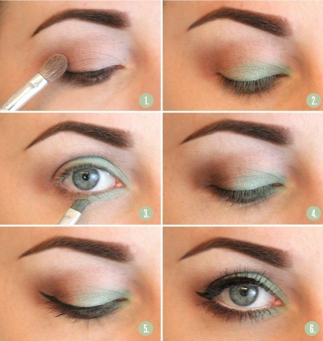 Odlíčte modré oči v jemnej, pastelovej zelenej očné linky napodobňujú umelé mihalnice tieň tyrkysové