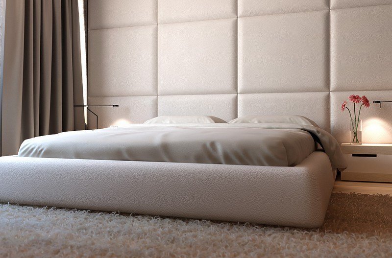 Biela kožená posteľ-bez-čela-steny-dizajn-panely-huňatý-koberec