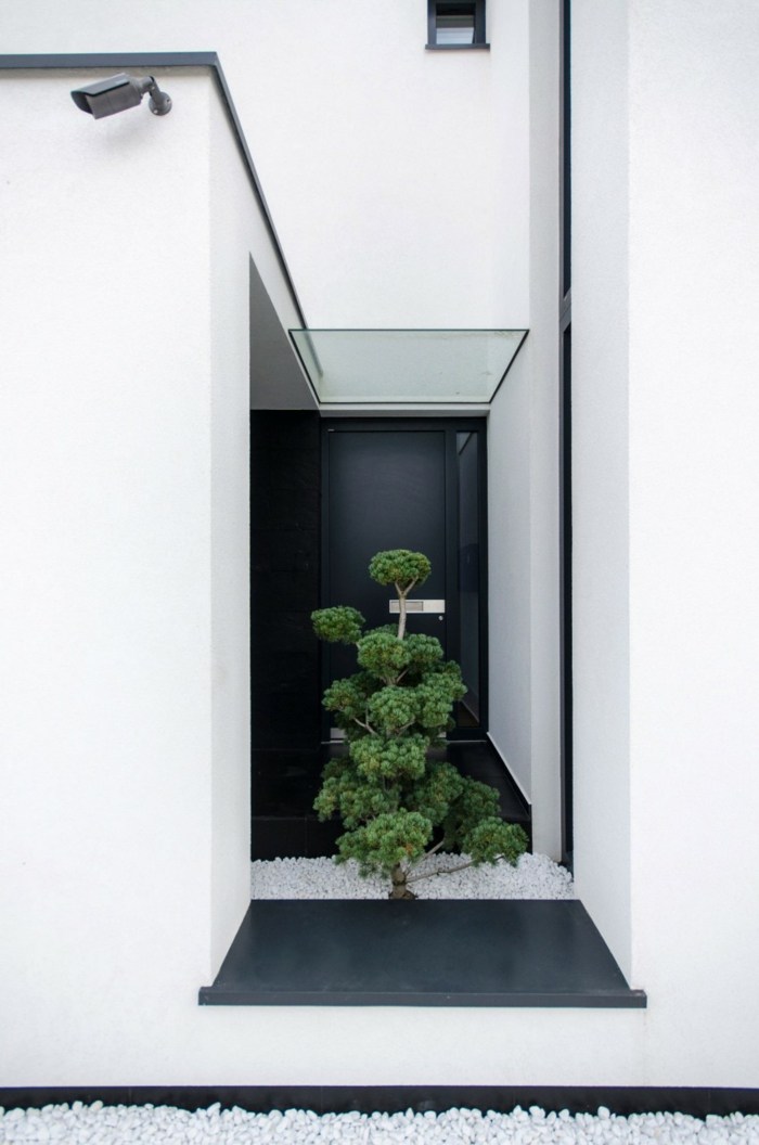 vchod c dom moderný krajinný dizajn strom biela čierna