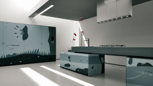 valcucine artematica vitrum arte svetlo modré kresby kuchynské fronty