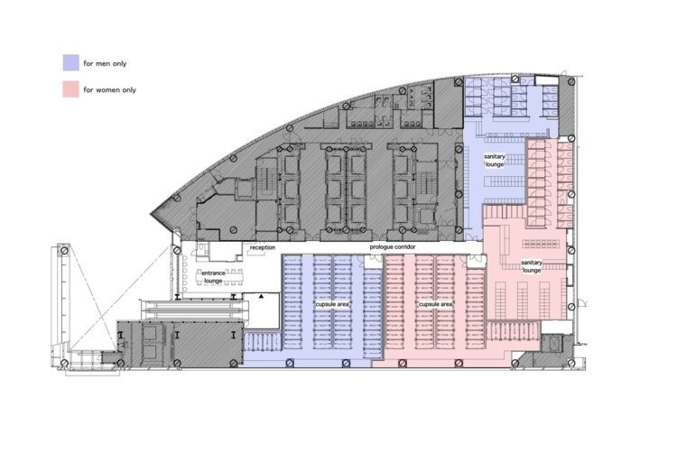 Pôdorys kapsulového hotela v Japonsku so salónikom Santär a priestorom na spanie s kapsulami