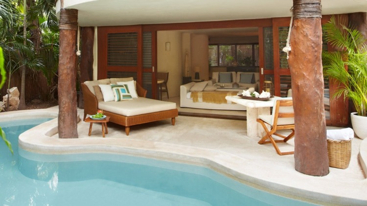 bazén terasa dizajn jedálenský stôl vonkajšia posteľ baldachýn moderný