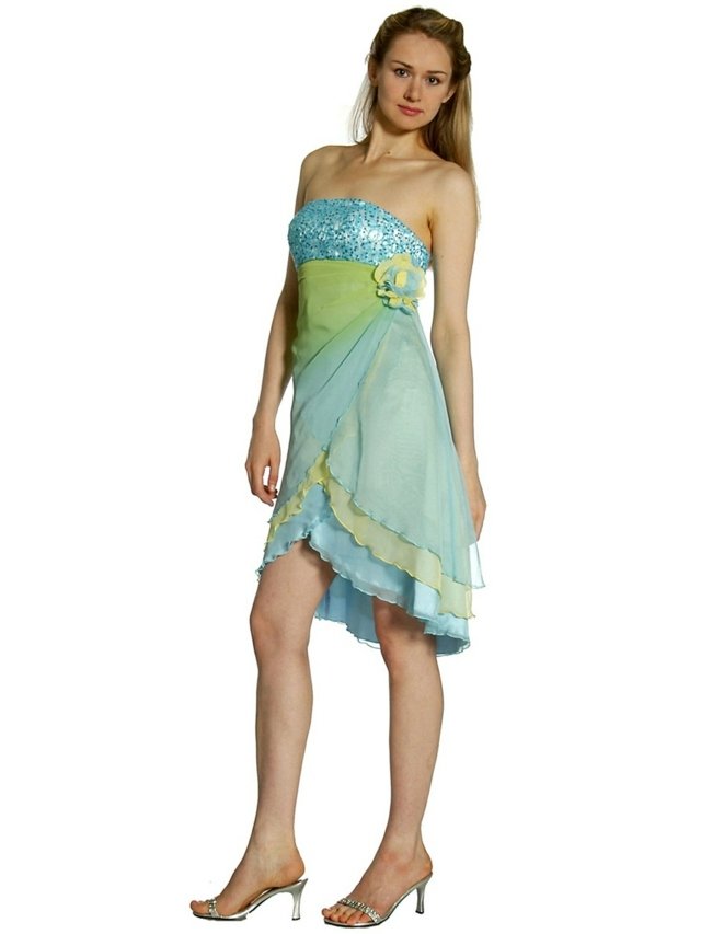 po kolená šikmý strih modro zeleno žltých flitrov