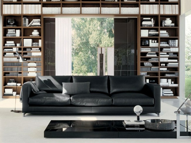 Obývacia izba nápady na bývanie čierna kožená sedačka Knižnice do obývačky nápady na bývanie čierne