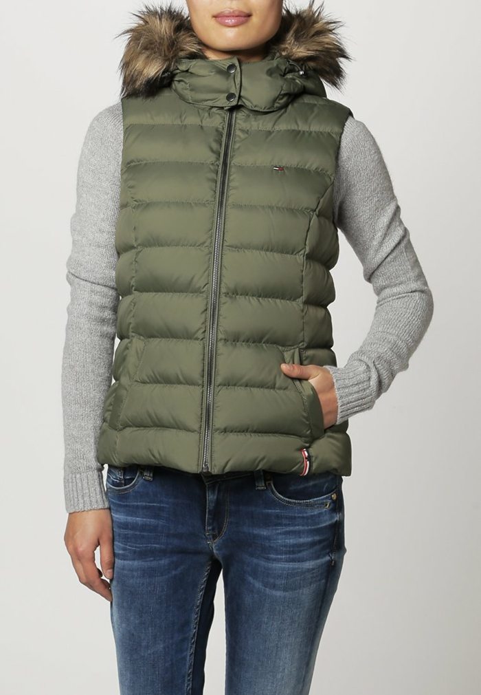 Hilfiger Denim páperová vesta z umelej kožušiny Džínsová vesta z kapucne z umelej kožušiny