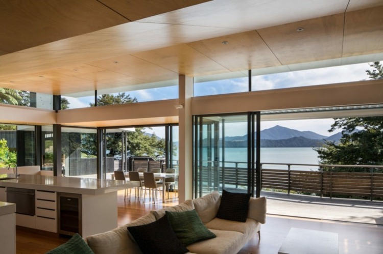 Stropy navrhujú preglejkové panely-otvorená-kuchyňa-moderná-biela-minimalistická