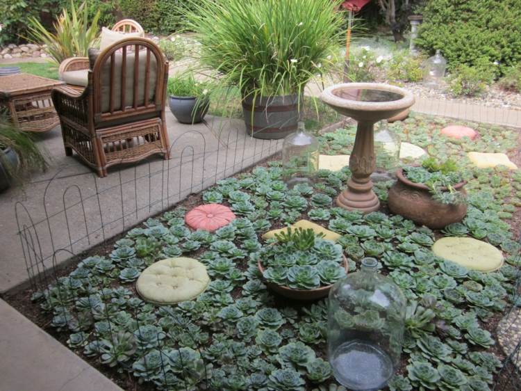 sukulentný záhradný dizajn kvetináč s kvetináčom a posedením terasa