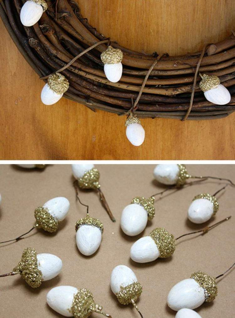 drotár jeseň prírodné materiály žalude biely veniec v tvare dverí