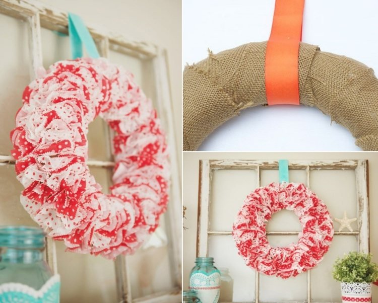 Nápad na vianočný veniec v červeno -bielom prevedení na stenu