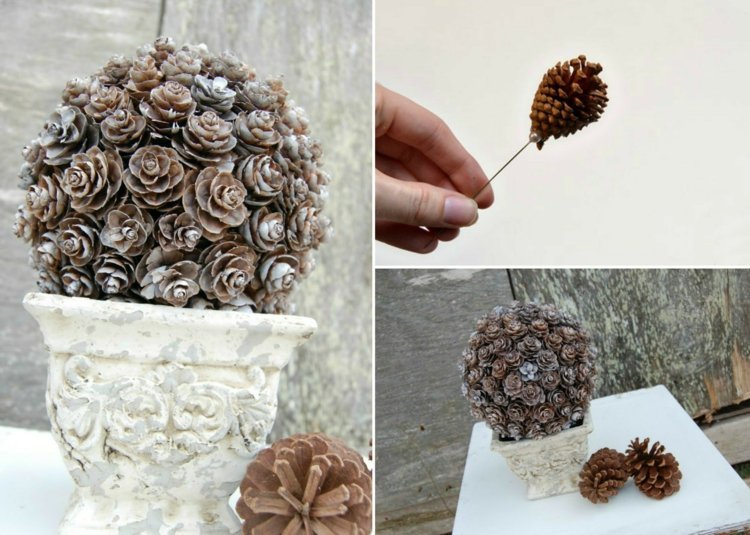 drotár s borovicovými šiškami na ozdobu adventných stromov vo vnútri vonkajšej vstupnej časti záhradnej verandy