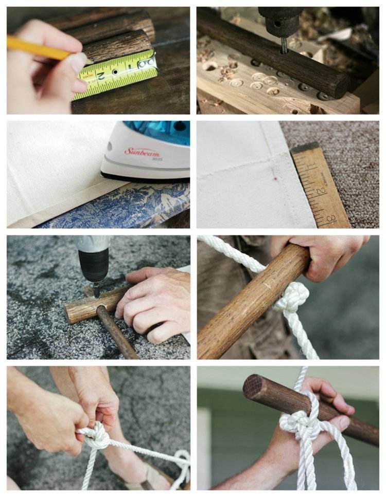 Závesnú stoličku je možné trocha drotať s trochou manuálnej zručnosti Dekorácia na terasu zavesenie stoličiek-vŕtanie do dreva-biela-tkanina-viazacie lano