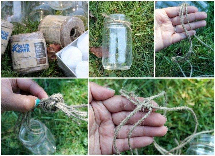 Vytvorte jednoduché uzly a lampáše sú pripravené na zavesenie dekoratívna terasa-držiak na sviečky-džem-číra-jutová-šnúra-viazačka-biela-sviečka