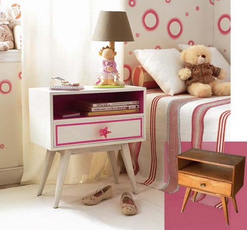 Vytvorte si vlastnú dekoráciu škôlky farba starého nočného stolíka biela ružová Vyrobte si vlastnú bielo ružovú dekoráciu nočného stolíka do škôlky