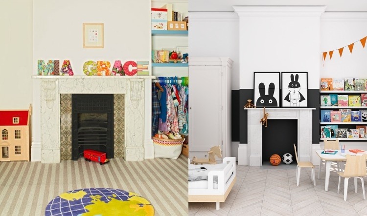 deko-krb-detská izba-obývačka-nápady-biele-hračky-deko-krbová rímsa-vtipné