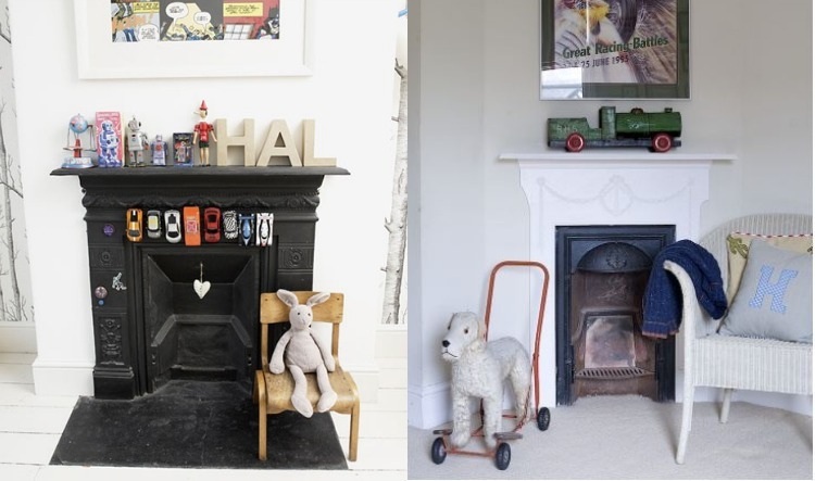 deco-krb-detská izba-obývačka-nápady-škandinávsky-biely krb-obklopuje-deco-plyšové hračky