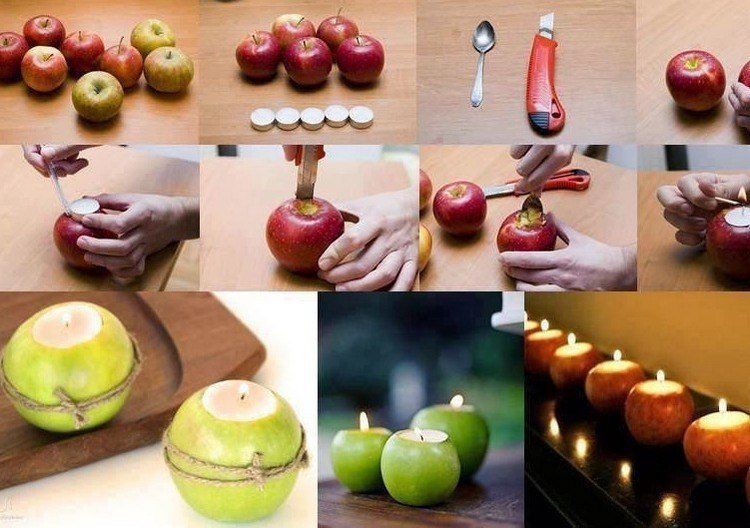 Vyrežte jablká a použite ich ako svietniky - slávnostné dekorácie na stôl Deco-prírodné materiály-svietnik-drotár-lampáše