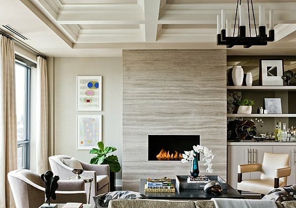 Stropný dizajn obývačky v stene z prírodného kameňa