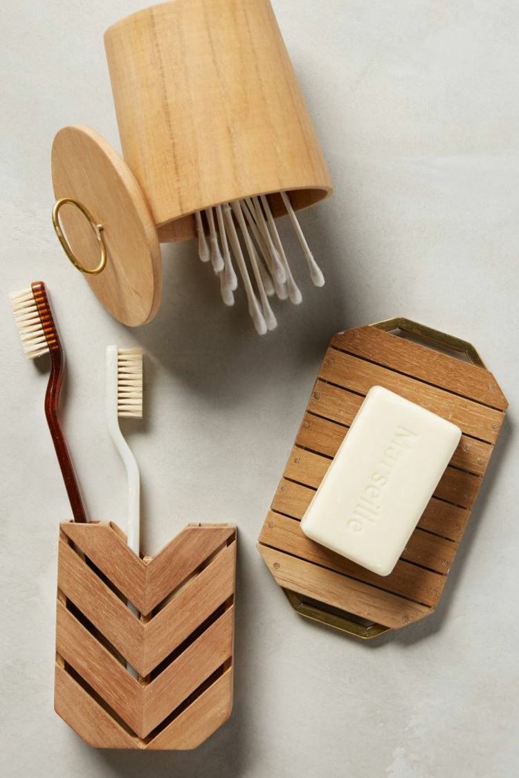 Dekoratívne kúpeľňové doplnky z teaku deco teak kúpeľňové doplnky zubná kefka hrnček na mydlo