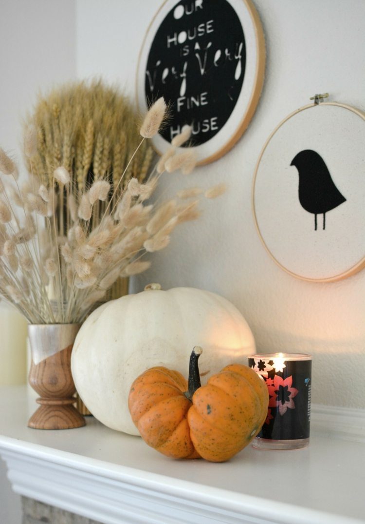 Jesenná, štýlová rímsa dekorácia-jeseň-krbová rímsa-nápad-graeser-nástenka-dekorácia-lampáš