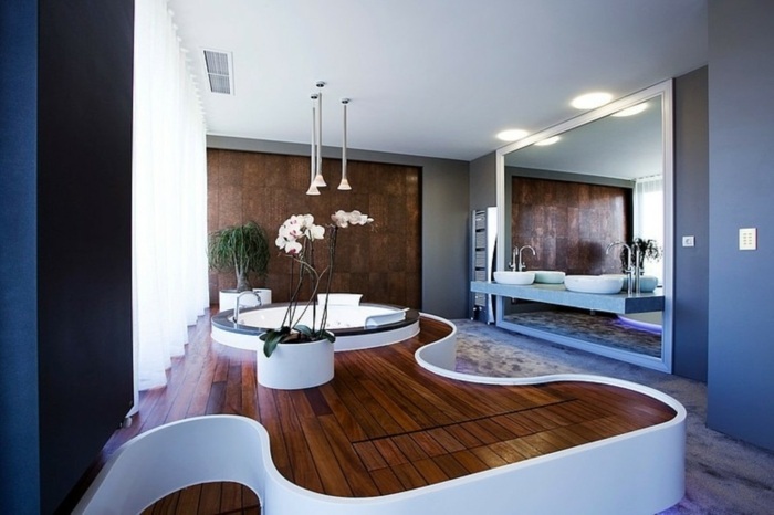 biela orchidea ako dekor stromu v kúpeľni kreatívne nápady-moderná-kúpeľňa-podlaha-rastliny-vlnitá-podlaha