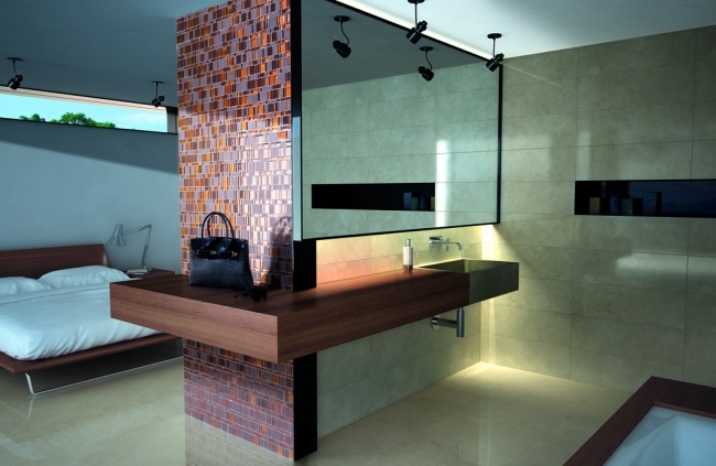 kúpeľňové mozaikové obklady fialové oranžové sklo BERNICE márnosť dreva