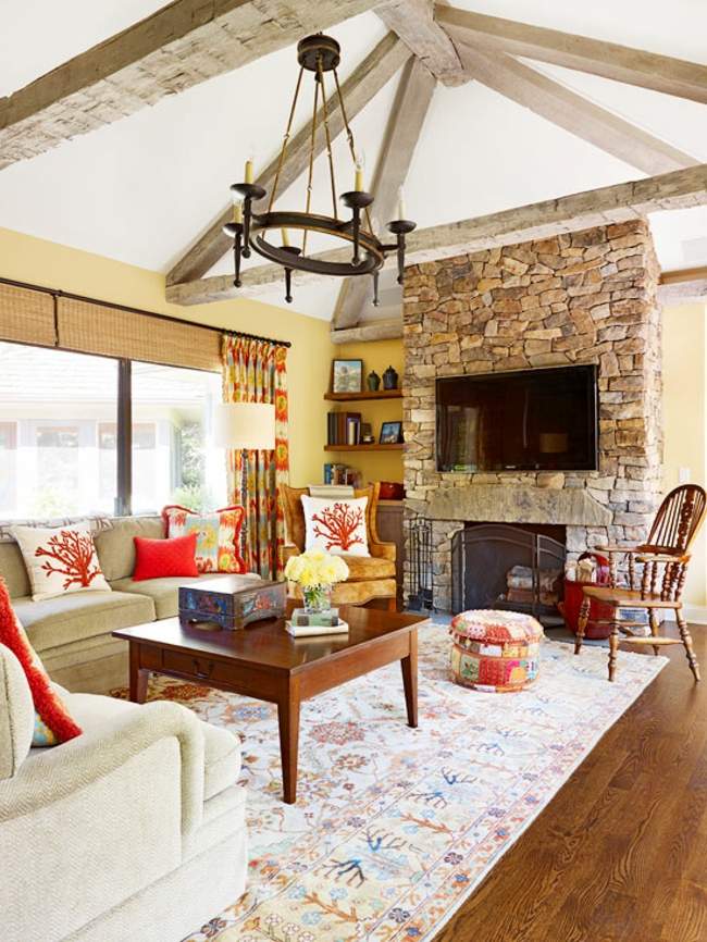 Obývacia izba kamenný krb drevené trámové dosky Drevené trámy, dosky, prvky dekorácie podlahy