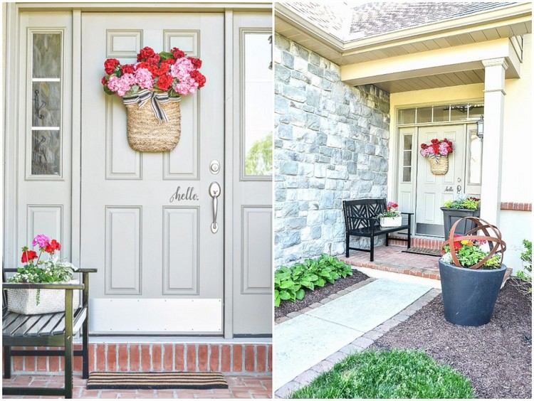 Muškáty na letnú výzdobu pri vchode do domu zaujímavá dekorácia dverí