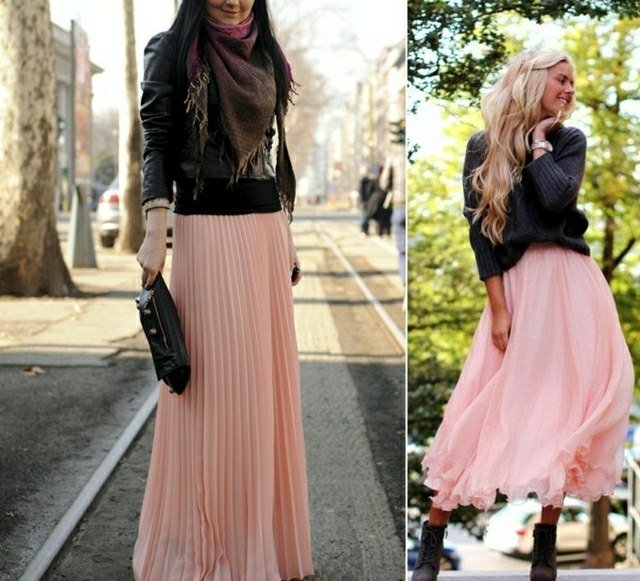 ružová maxi sukňa čierna kožená bunda Maxi sukňa, čierna kožená bunda, vysoké členkové topánky