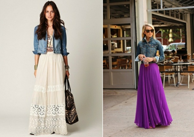 Maxi sukňa kombinujúca rifľovú bundu, krátku bielu blúzku Džínsová bunda krátka biela blúzka sukne