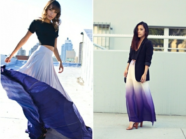 Maxi sukňa kombinuje nápady jesennej sezóny Nápady jeseň sezóny ombre vzhľad