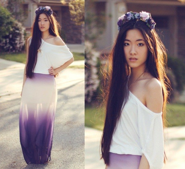 Maxi sukňa zo šifónu, polopriehľadná biela blúzka Šifónová polopriehľadná biela blúzka z ramena