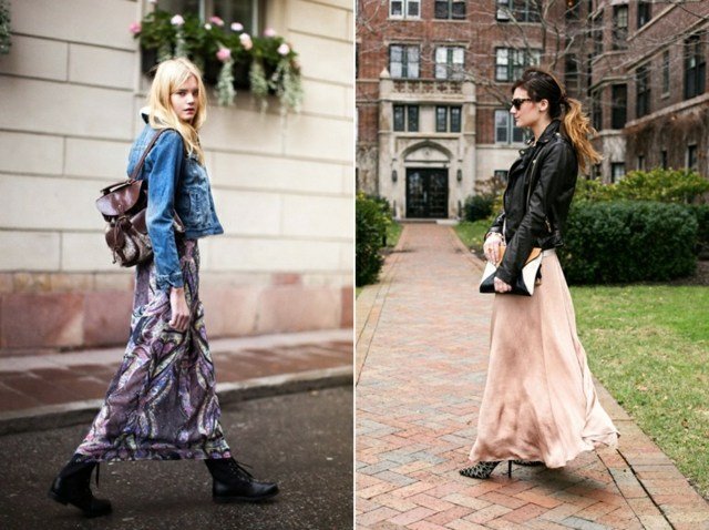 Džínsová bunda, kožená bunda, dlhá sukňa, plochá Kožená bunda, dlhá sukňa, ploché členkové topánky, batoh