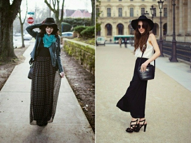 Čierna sukňa po kolená vhodná pre mestský vzhľad Look klobúk po kolená čierna sukňa