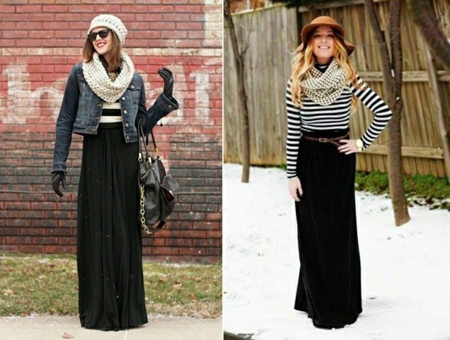 čierna maxi sukňa kombinujúca blúzku tesný opasok Maxi sukňa kombinuje blúzku z pevného pleteného klobúka