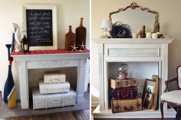 nepoužívaný krb obývacia izba vinobranie kufor dekorácia nápad