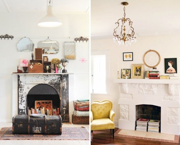 nepoužívaný krb obývacia izba skladovanie časopisov