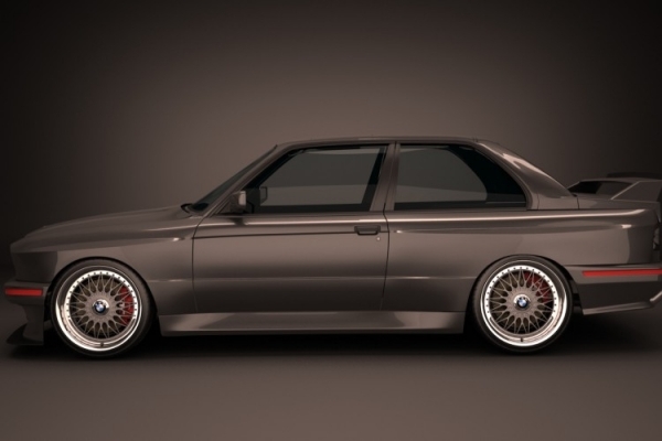 Bočný pohľad na BMW M3 E30 z roku 1988 kupé s hnedou farbou ráfika