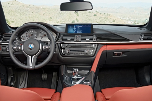 Interiérové vybavenie BMW M4 2015 Cabrio čierna červená farebná paleta moderná Interiérové vybavenie BMW Cabrio čierna červená paleta farieb moderná