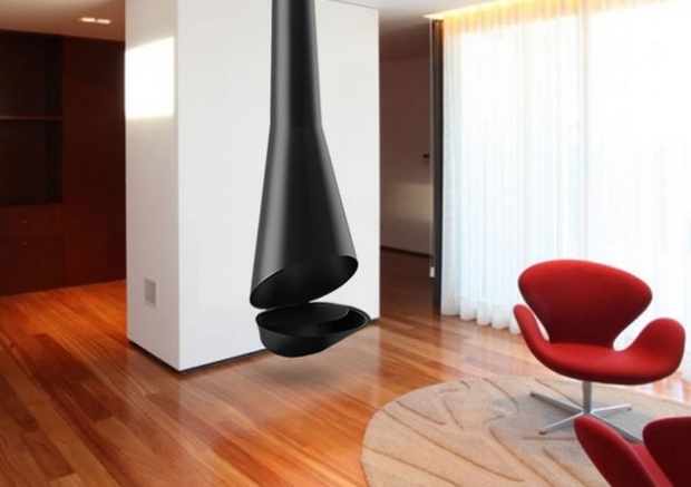 závesný krb otvorené ústa drevené prvky tenký profil