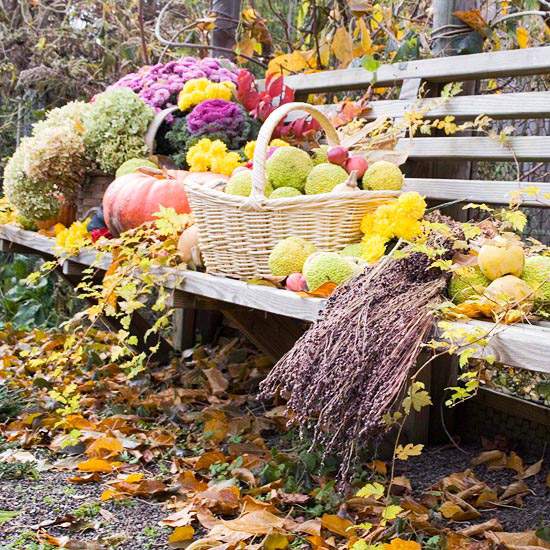 Záhrada v jesennom zbere s košíkom tekvice z kukurice Expozícia záhradnej jesennej úrody košík z kukuričných tekvíc